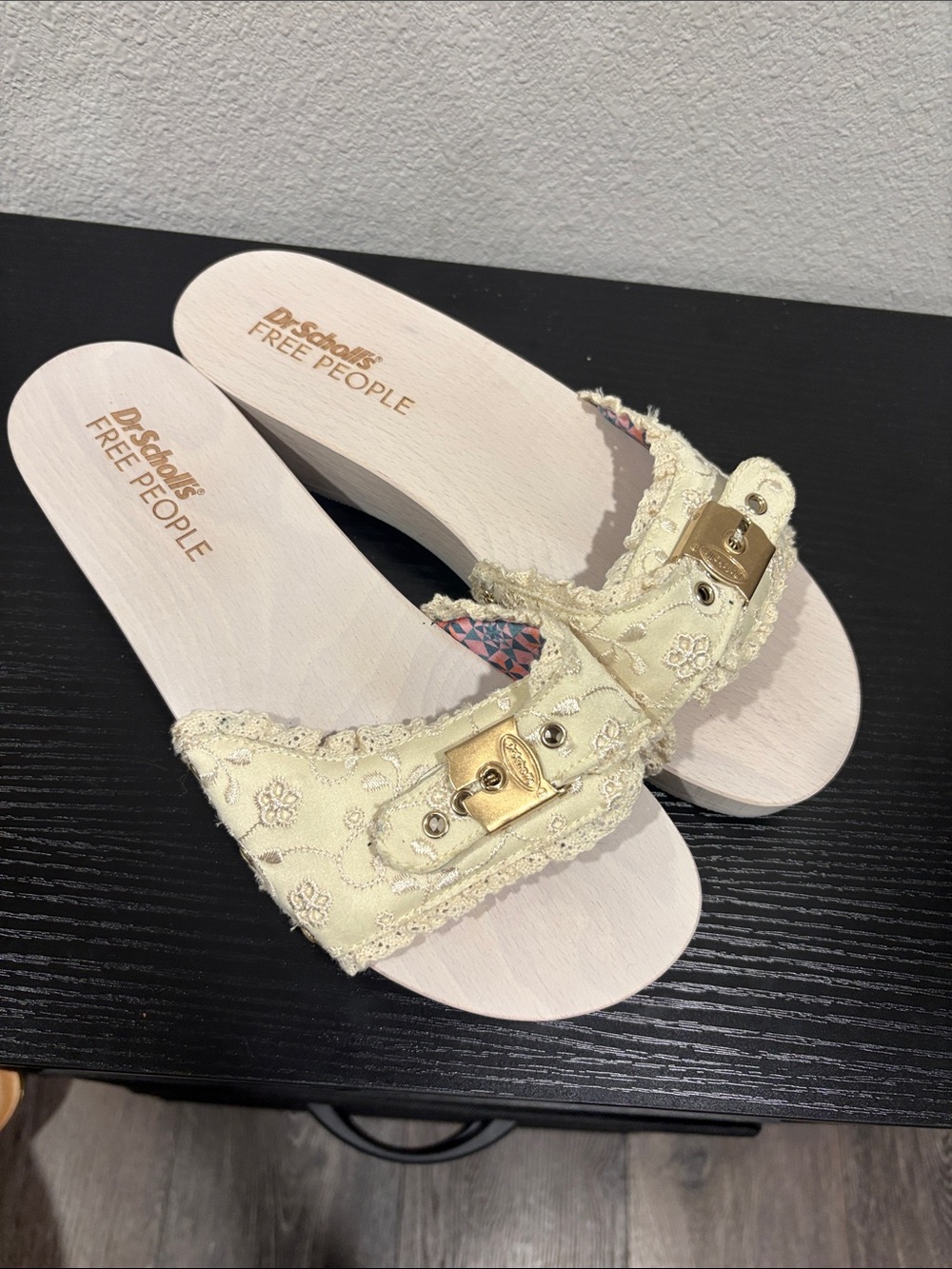 Free People Cream Embroidered Slide Mules with Gold Buckle